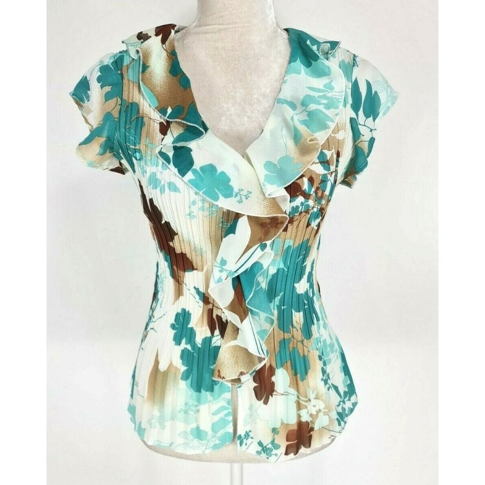 separates  Floral Chiffon Button Up Blouse Ruffle Neck Short SLV Women S 246P